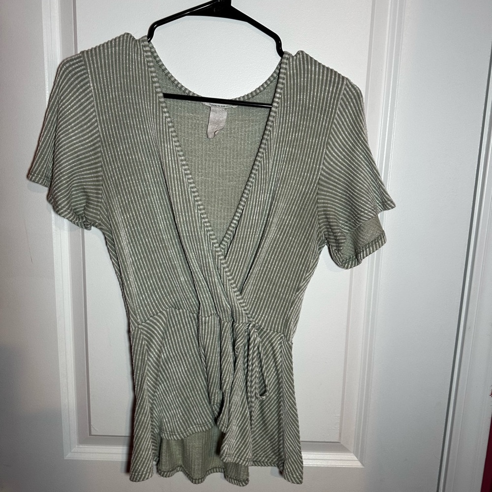 Green V Neck Wrap Blouse Short Sleeve